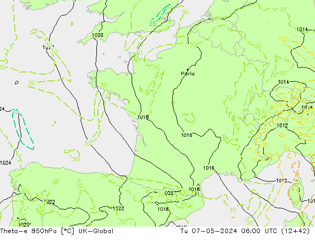 Theta-e 850гПа UK-Global вт 07.05.2024 06 UTC