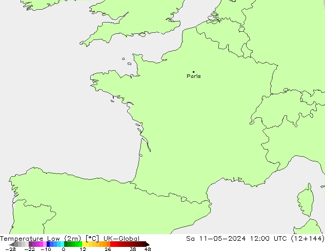 Min. Temperatura (2m) UK-Global so. 11.05.2024 12 UTC