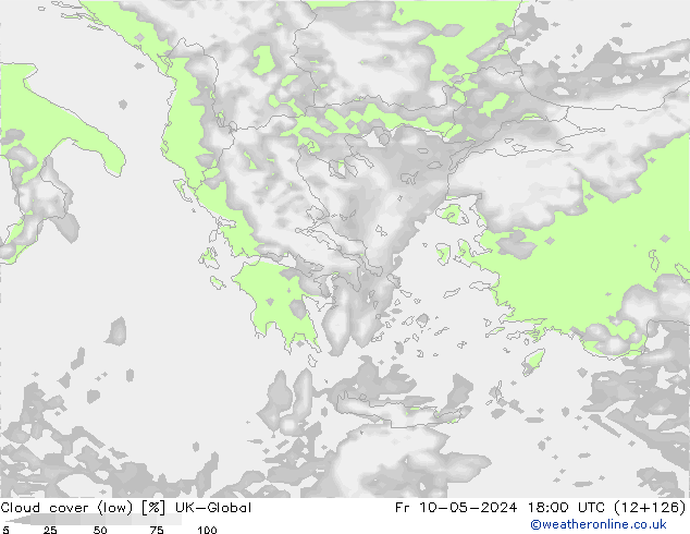 Cloud cover (low) UK-Global Fr 10.05.2024 18 UTC