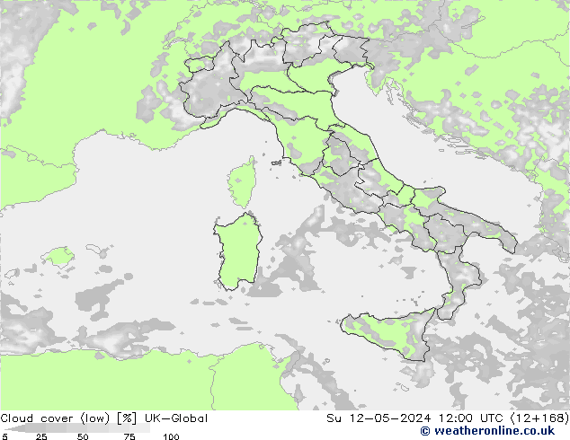 Cloud cover (low) UK-Global Su 12.05.2024 12 UTC