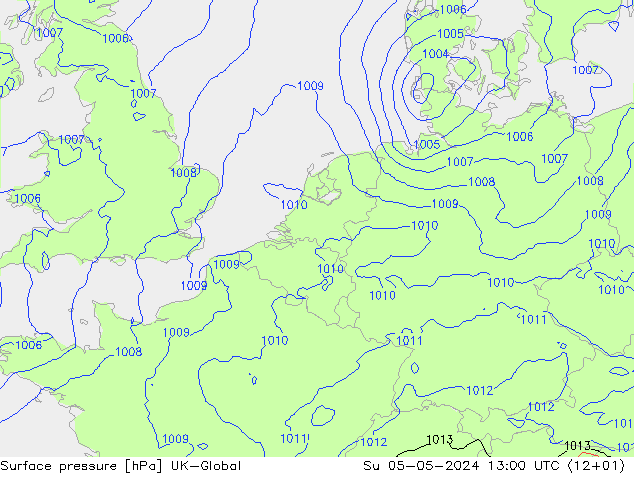 Pressione al suolo UK-Global dom 05.05.2024 13 UTC