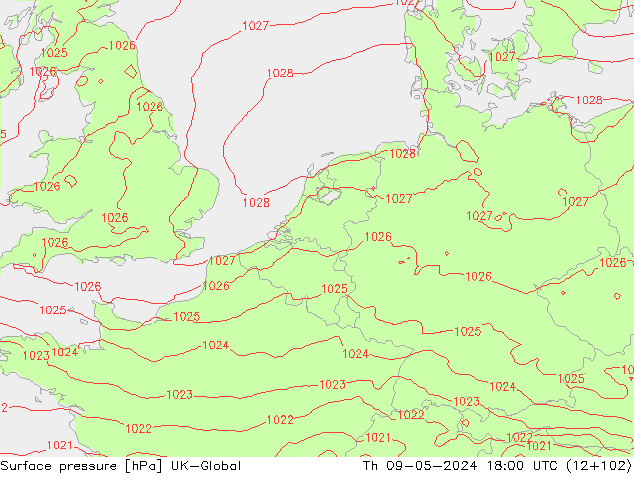 Surface pressure UK-Global Th 09.05.2024 18 UTC