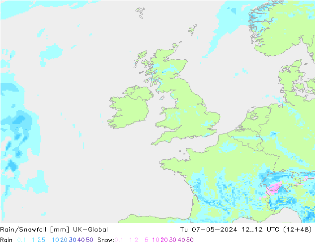 Rain/Snowfall UK-Global вт 07.05.2024 12 UTC