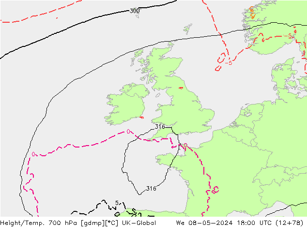 Height/Temp. 700 hPa UK-Global śro. 08.05.2024 18 UTC