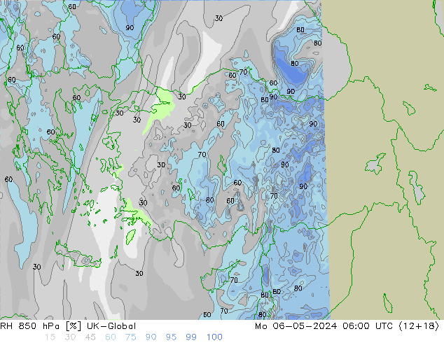 RH 850 hPa UK-Global Mo 06.05.2024 06 UTC