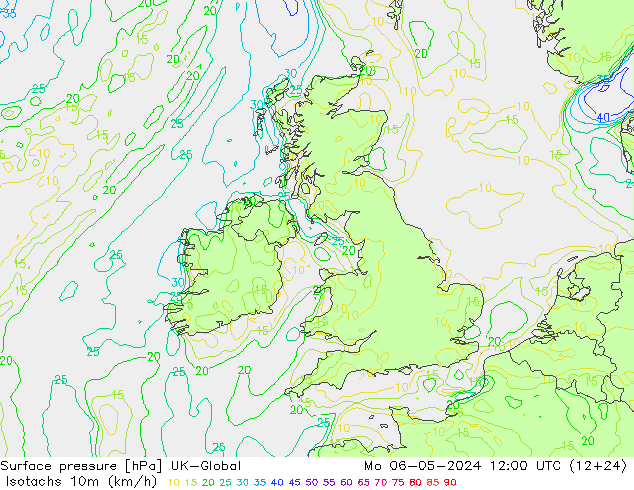 Isotaca (kph) UK-Global lun 06.05.2024 12 UTC
