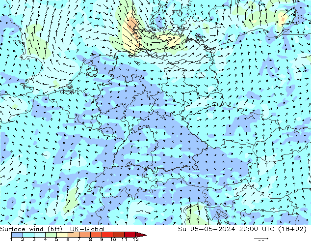 Surface wind (bft) UK-Global Su 05.05.2024 20 UTC