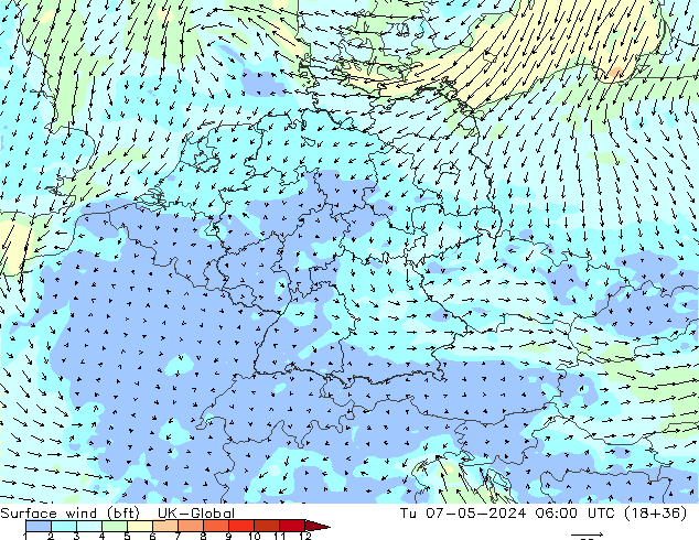 Surface wind (bft) UK-Global Tu 07.05.2024 06 UTC