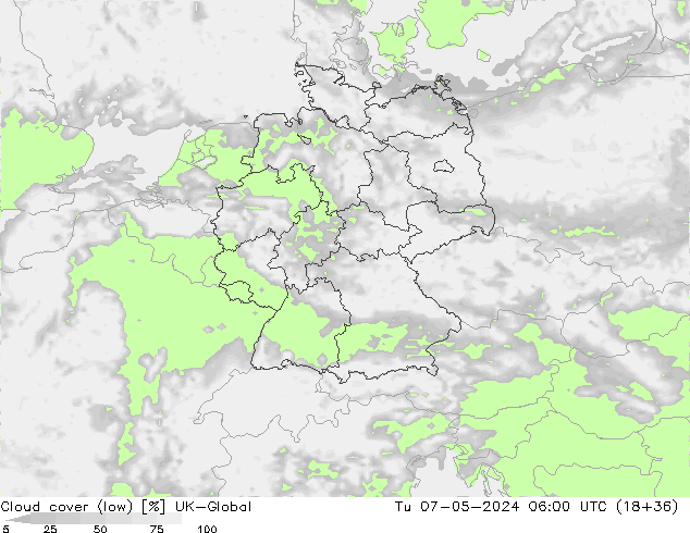 Cloud cover (low) UK-Global Tu 07.05.2024 06 UTC