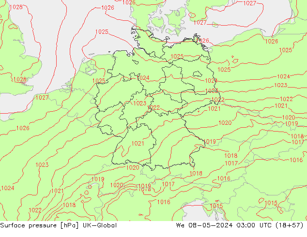 Pressione al suolo UK-Global mer 08.05.2024 03 UTC