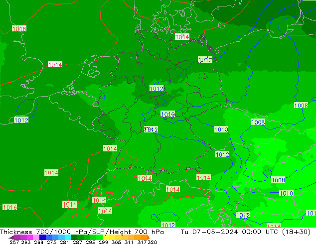 Thck 700-1000 hPa UK-Global Út 07.05.2024 00 UTC