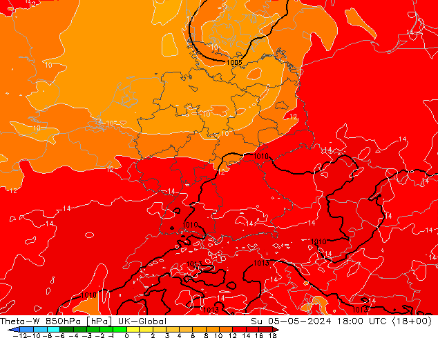 Theta-W 850hPa UK-Global zo 05.05.2024 18 UTC