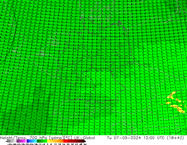 Height/Temp. 700 hPa UK-Global Tu 07.05.2024 12 UTC