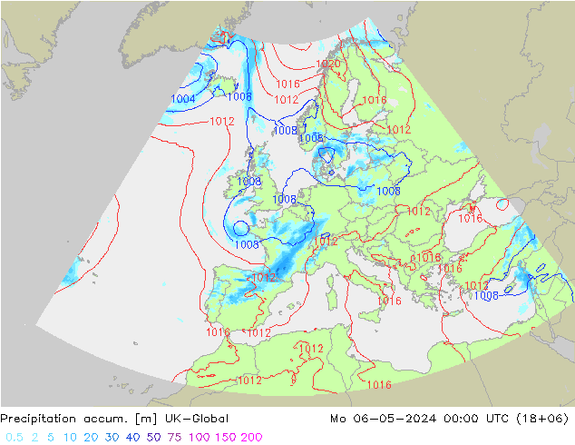 Precipitation accum. UK-Global Mo 06.05.2024 00 UTC