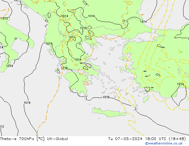 Theta-e 700гПа UK-Global вт 07.05.2024 18 UTC