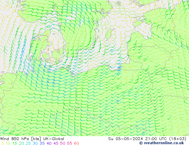 Wind 850 hPa UK-Global zo 05.05.2024 21 UTC