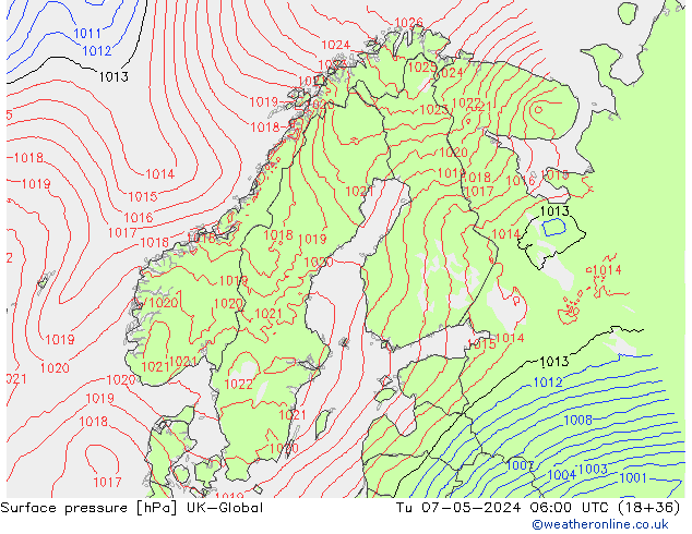 Surface pressure UK-Global Tu 07.05.2024 06 UTC