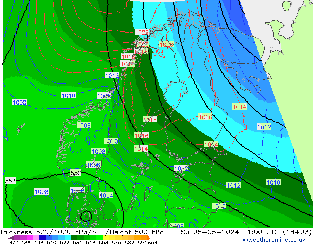 Thck 500-1000hPa UK-Global dom 05.05.2024 21 UTC