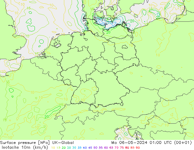 Isotachs (kph) UK-Global lun 06.05.2024 01 UTC