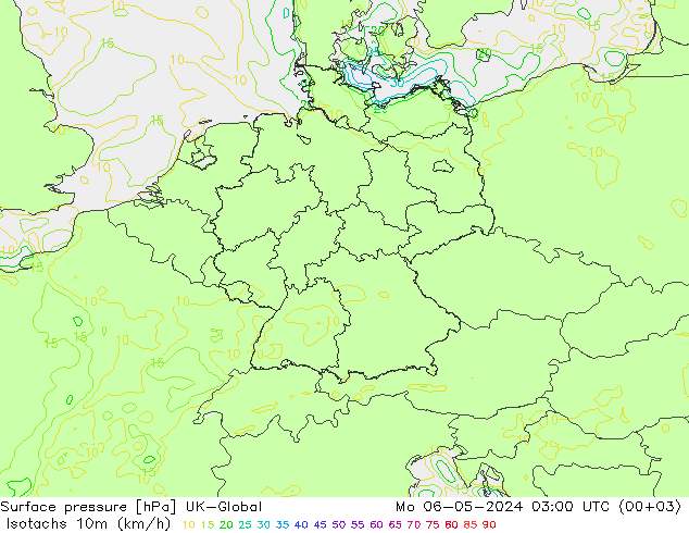 10米等风速线 (kph) UK-Global 星期一 06.05.2024 03 UTC