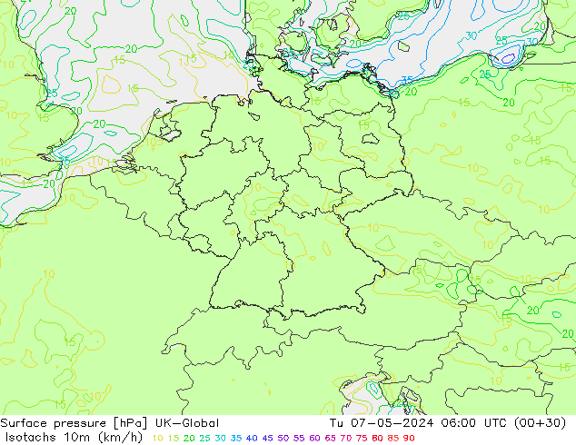 Isotachen (km/h) UK-Global di 07.05.2024 06 UTC