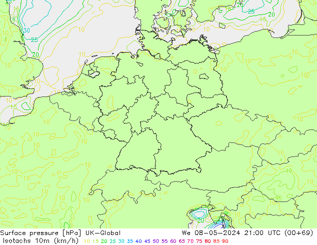 Isotachs (kph) UK-Global We 08.05.2024 21 UTC