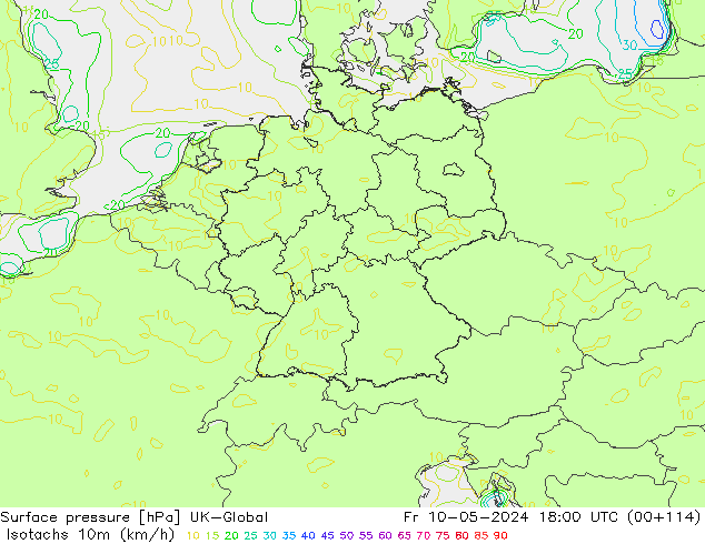 Izotacha (km/godz) UK-Global pt. 10.05.2024 18 UTC