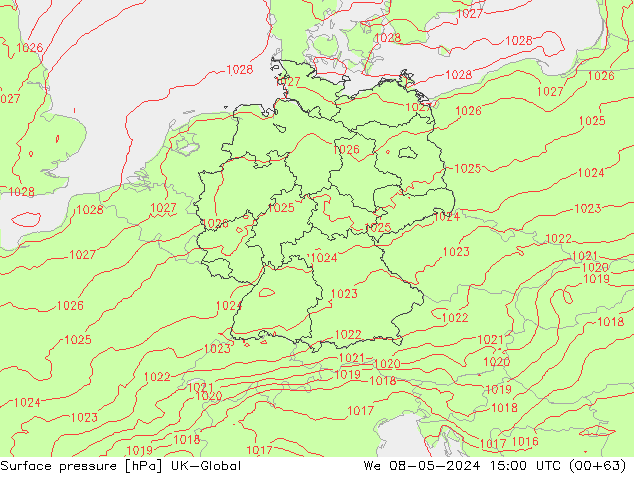 Surface pressure UK-Global We 08.05.2024 15 UTC