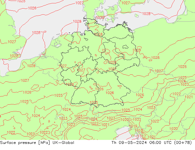 Pressione al suolo UK-Global gio 09.05.2024 06 UTC