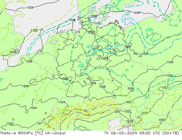 Theta-e 850hPa UK-Global do 09.05.2024 06 UTC