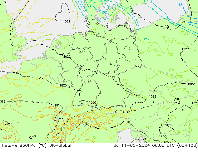 Theta-e 850hPa UK-Global sam 11.05.2024 06 UTC