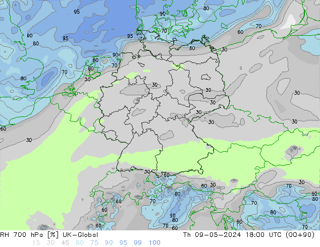 Humidité rel. 700 hPa UK-Global jeu 09.05.2024 18 UTC