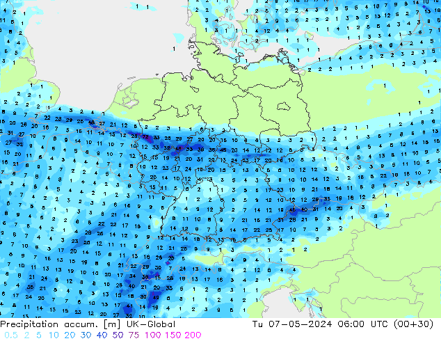 Precipitation accum. UK-Global Tu 07.05.2024 06 UTC