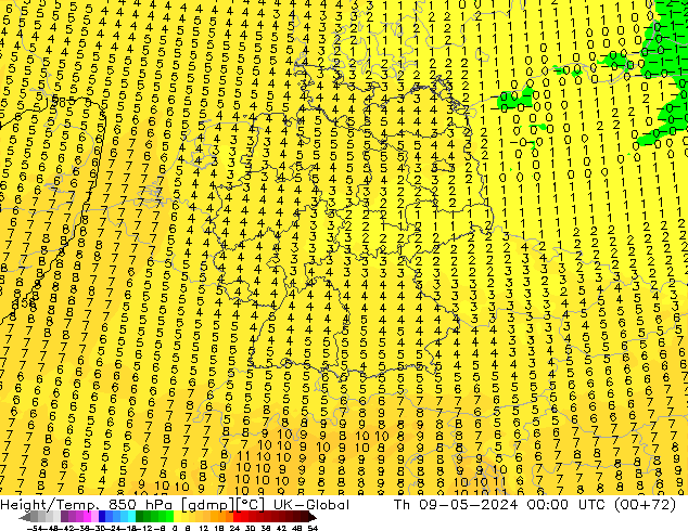 Height/Temp. 850 hPa UK-Global Th 09.05.2024 00 UTC