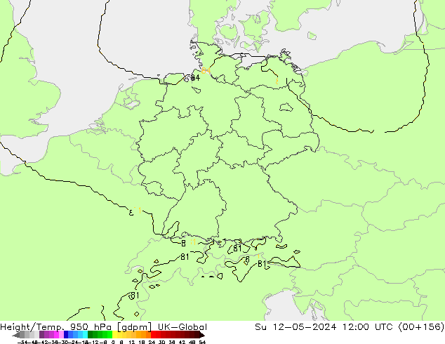 Géop./Temp. 950 hPa UK-Global dim 12.05.2024 12 UTC