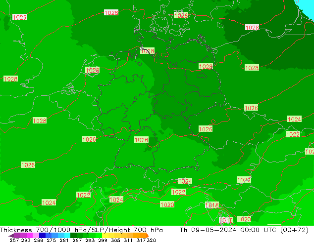 Schichtdicke 700-1000 hPa UK-Global Do 09.05.2024 00 UTC