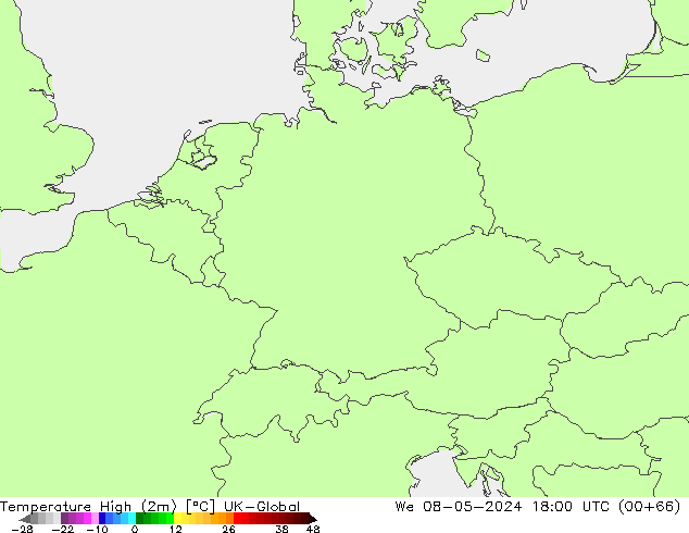 Max.temperatuur (2m) UK-Global wo 08.05.2024 18 UTC