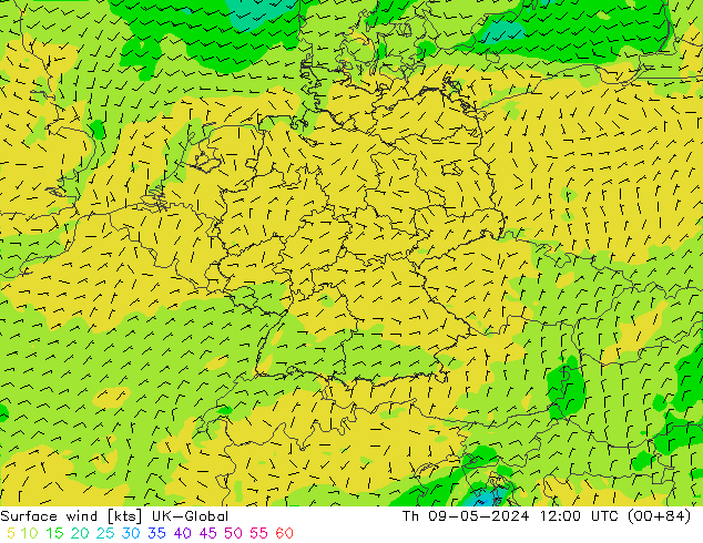 Viento 10 m UK-Global jue 09.05.2024 12 UTC