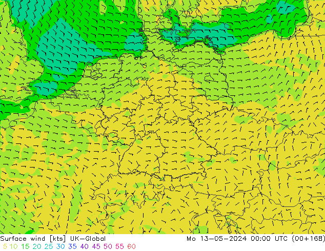 Surface wind UK-Global Mo 13.05.2024 00 UTC