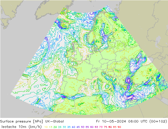 Isotachen (km/h) UK-Global Fr 10.05.2024 06 UTC