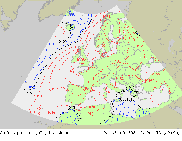 Presión superficial UK-Global mié 08.05.2024 12 UTC