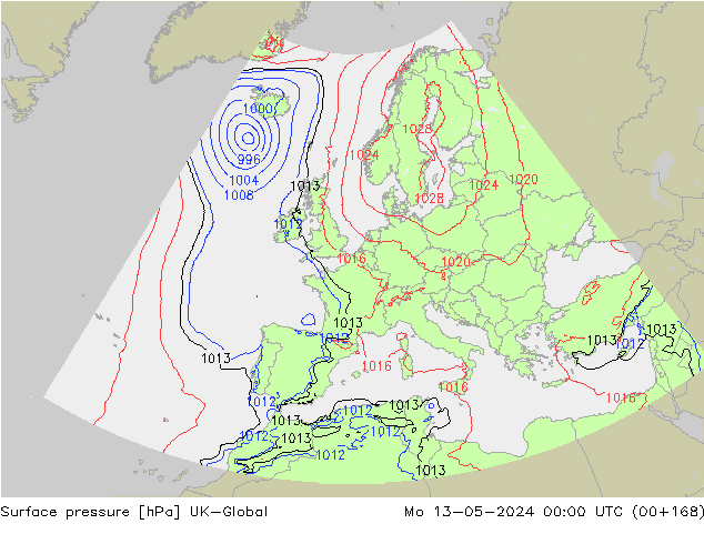Pressione al suolo UK-Global lun 13.05.2024 00 UTC