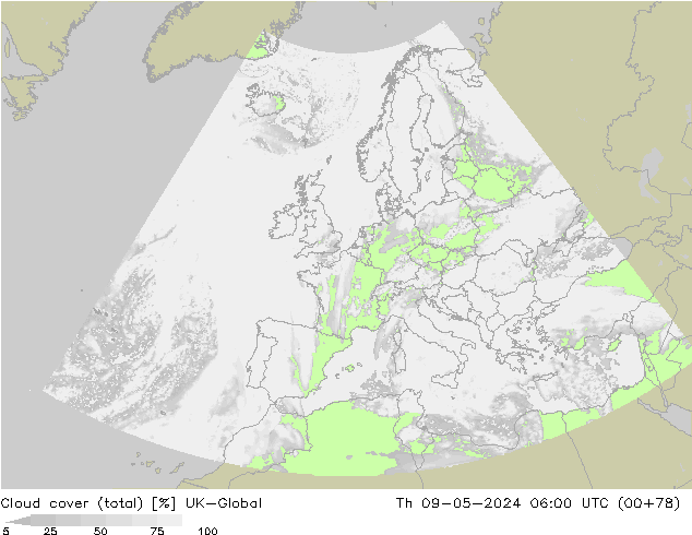 Cloud cover (total) UK-Global Th 09.05.2024 06 UTC