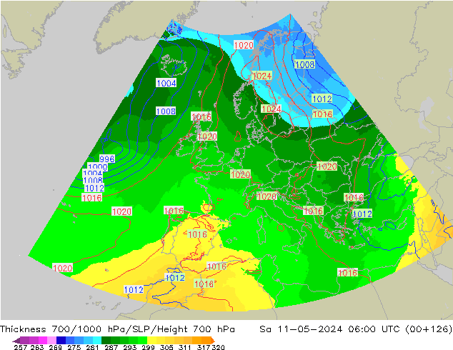 Dikte700-1000 hPa UK-Global za 11.05.2024 06 UTC