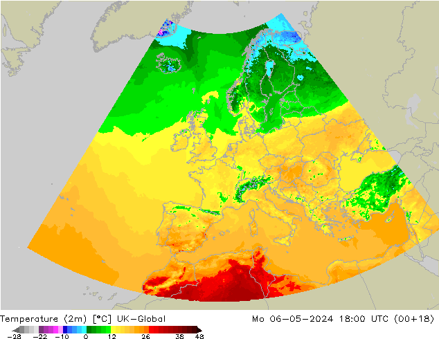 Temperature (2m) UK-Global Po 06.05.2024 18 UTC