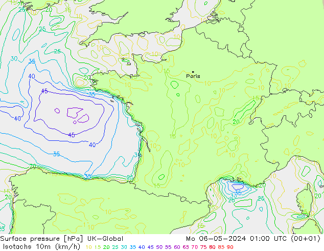 Isotachs (kph) UK-Global lun 06.05.2024 01 UTC