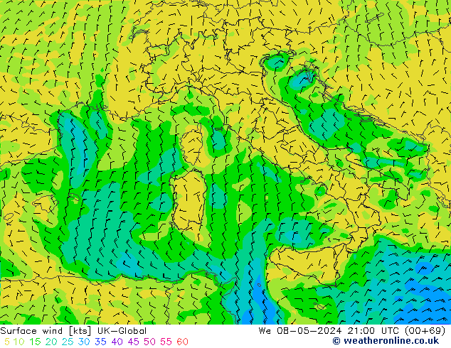 Surface wind UK-Global St 08.05.2024 21 UTC