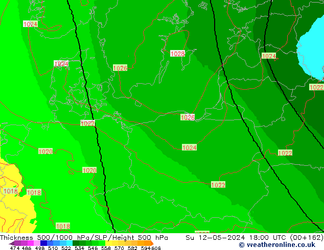 Espesor 500-1000 hPa UK-Global dom 12.05.2024 18 UTC