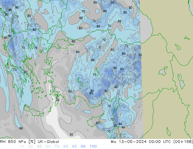Humidité rel. 850 hPa UK-Global lun 13.05.2024 00 UTC