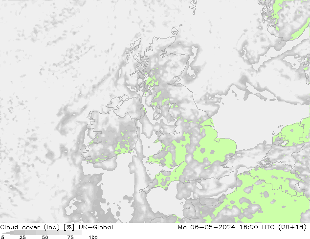 Cloud cover (low) UK-Global Mo 06.05.2024 18 UTC
